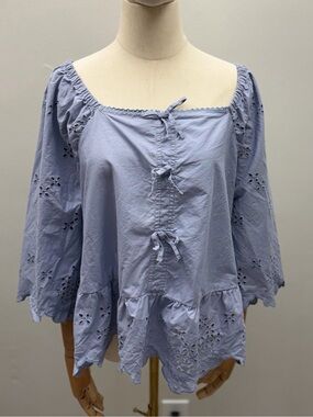 Calligraphie Blue Off Shoulder Eyelet Peasant Blouse XL NWT 100% Cotton